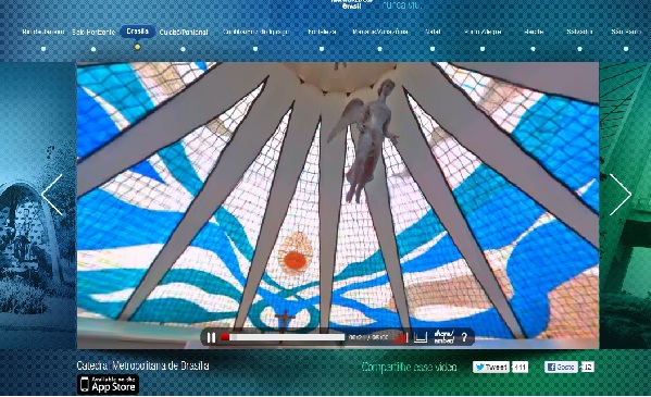 Novidade interativa: ao segurar a tecla esquerda do mouse sobre a tela do vídeo, é possível girar o ângulo de visão em 360° das cidades-sede da Copa do Mundo de 2014 (Reprodução)
