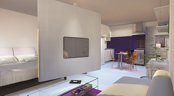 Neste projeto, o arquiteto Raffael Inneco usou uma TV embutida e móvel %u2013 pode servir de divisória entre quarto e sala e estar voltada para qualquer ambiente. É possível ver TV da cama, da sala, ou da cozinha: é só girar a divisória. ( Raffael Innecco Arquitetura e Design/Divulgação)