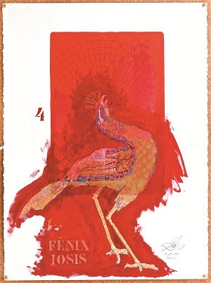 Na série sobre a Tábua Esmeralda de Hermes Trimegistos, Gallina sintetizou múltiplas técnicas e incorporou os animais do cerrado como símbolos: a fênix vermelha é uma seriema (Arquivo pessoal)