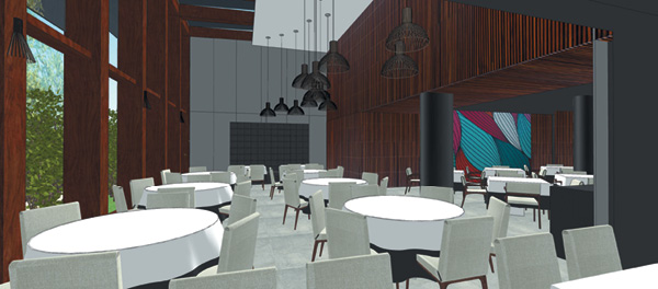 Projeto do novo restaurante: salão moderno, claro e cadeiras com um belo design (Divulgação)