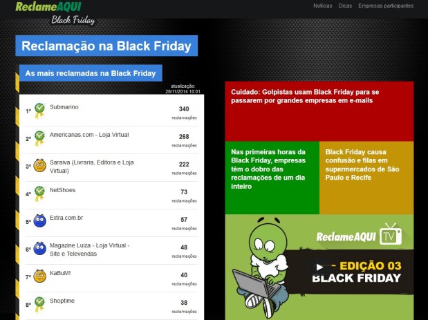 O portal Reclame Aqui criou um hotsite da Black Friday e exibe as lojas online com mais reclamaes de usurios (Reproduo)