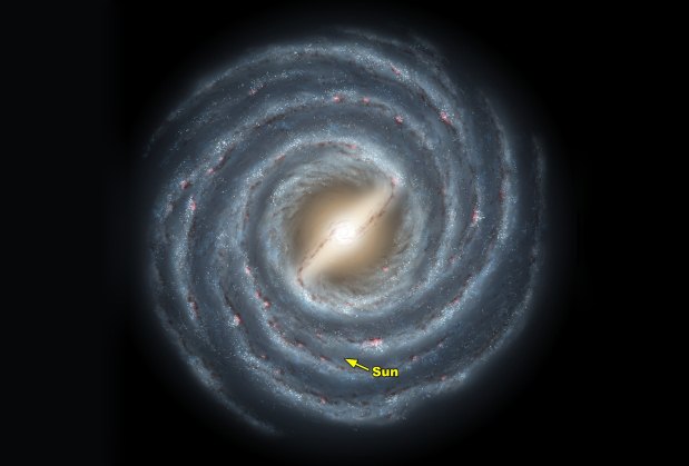 A dificuldade de se comprovar a existncia de matria escura em nossa galxia, segundo o cientista, se deve  nossa proximidade do centro da Via Lctea. Na imagem acima, a indicao de onde se situa nosso sistema solar (Nasa/Divulgao)