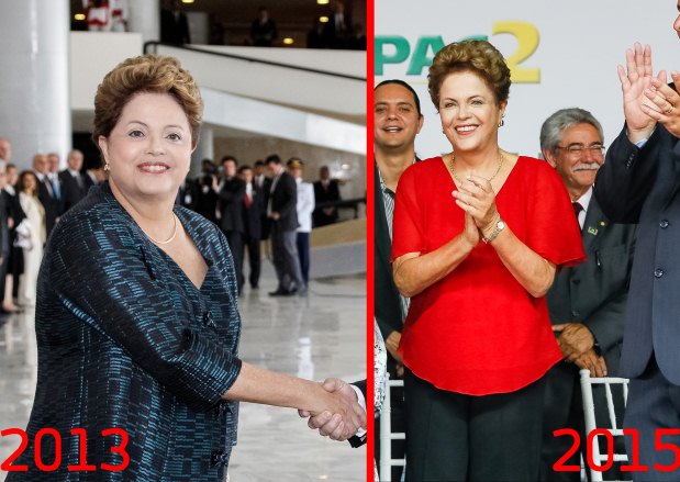 Na comparação acima é possível ver a diferença da silhueta da presidente Dilma Rousseff antes e depois da dieta ravenna (Reprodução)