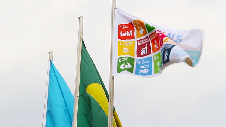 Bandeira dos ODS apresenta cones de cada um dos 17 objetivos (Foto: Tain Seixas/PNUD)