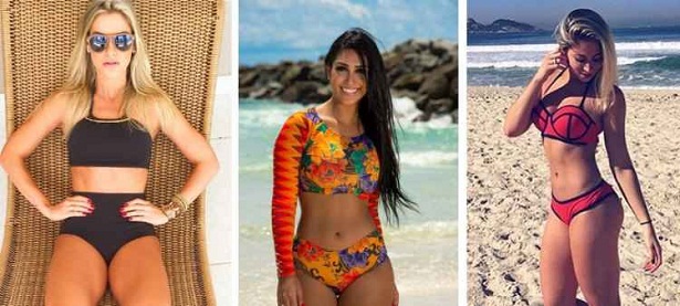 Os novos biquínis conquistam celebridades: Andressa Suita veste um hot pant; Amanda Djehdian usa um manga longa; e Carol Narizinho exibe o moderno 3D colorido ( Instagram/Reprodução)
