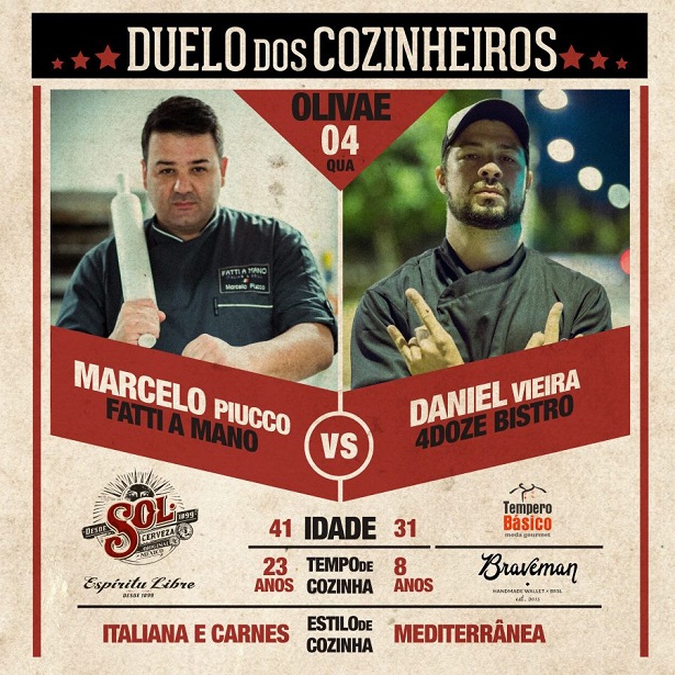 O primeiro duelo ser entre Marcelo Piucco (Fatti a Mano) e Daniel Vieira( 4 Doze Bistr), no restaurante Olivae, na 405 sul (Divulgao)
